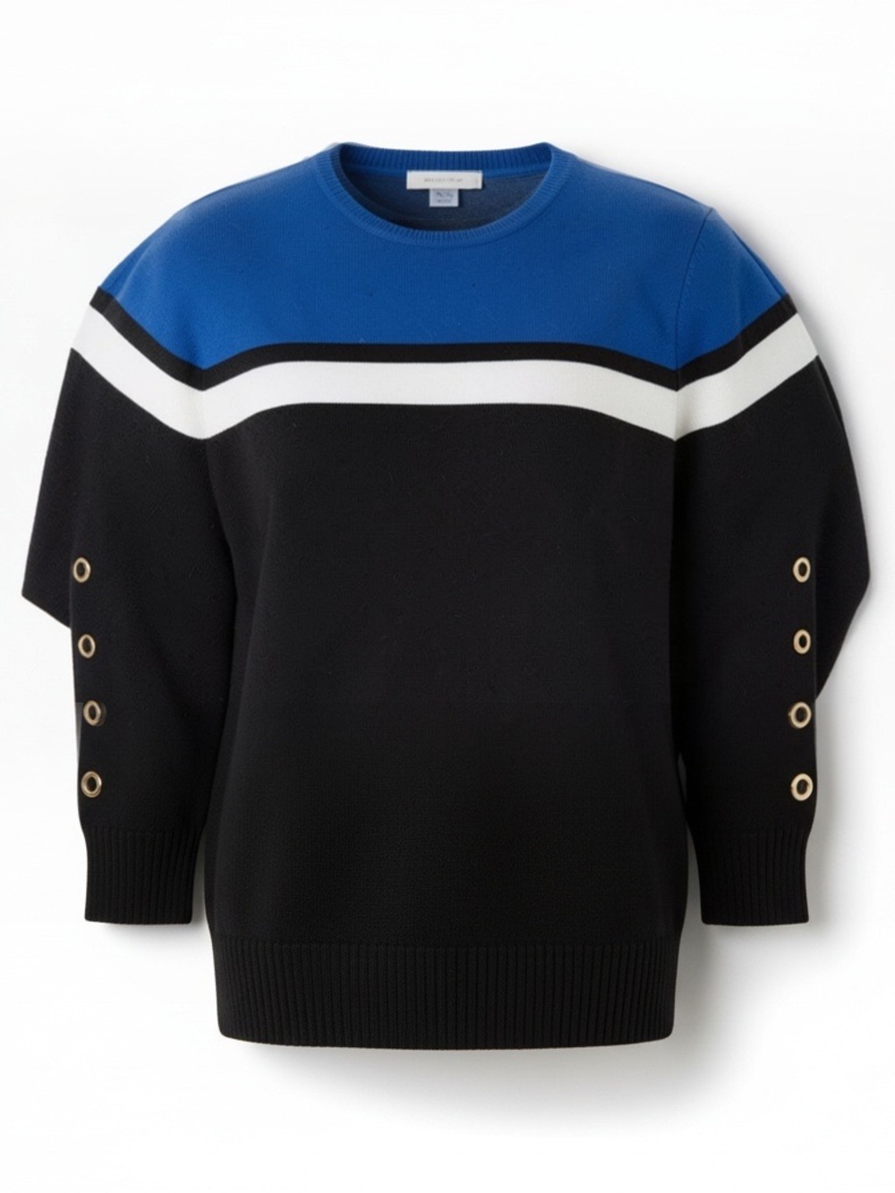 Joseph A Black, Blue and White Crewneck Sweater with Grommet Sleeve Detail